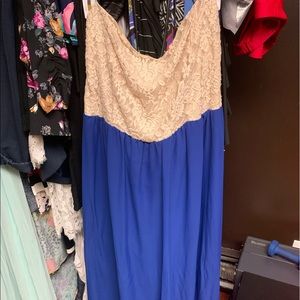 Strapless lace top flowy maxi dress.